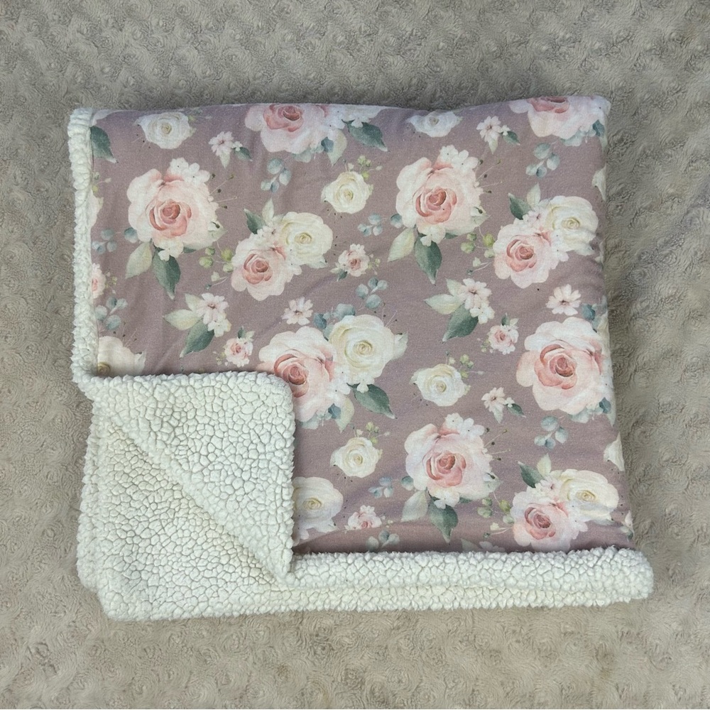 Toby Pink Floral Baby Blanket Roses Flowers Cream Off White Sherpa Lovey
